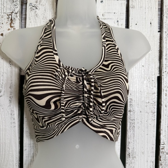 H&M Halter Crop Top Size XS Brown White Boho Hippie Festival Concert Groovy Vibe - Picture 9 of 9